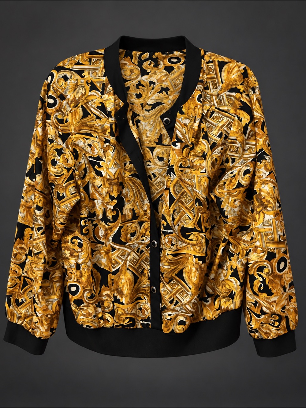 Gold Baroque Print Bomber Jacket - Black & Gold